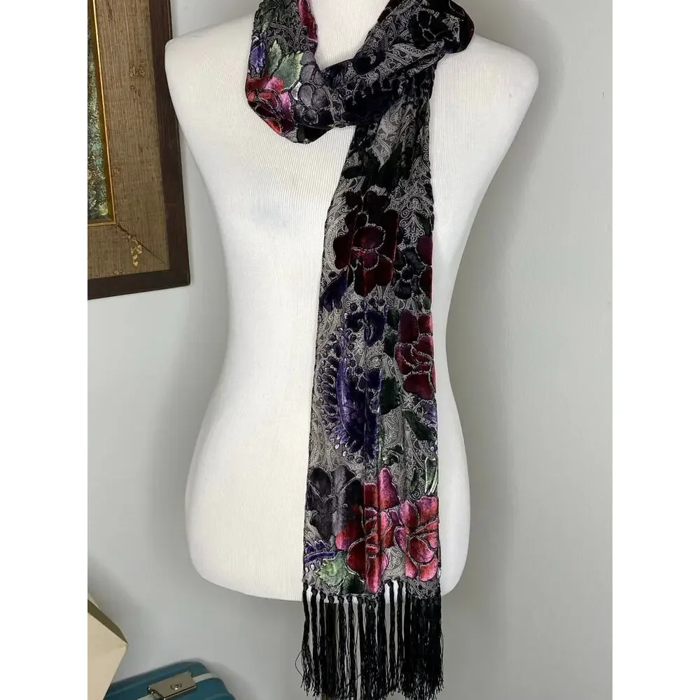 Floral Paisley Burnout Velvet Scarf Fringe Burgundy Purple Black 62”